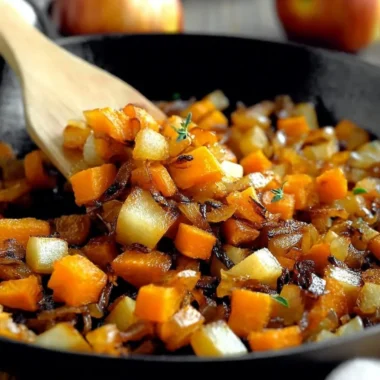 Caramelized sweet potato apple hash browns served on a cozy breakfast table