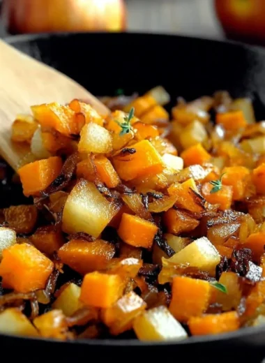 Caramelized sweet potato apple hash browns served on a cozy breakfast table