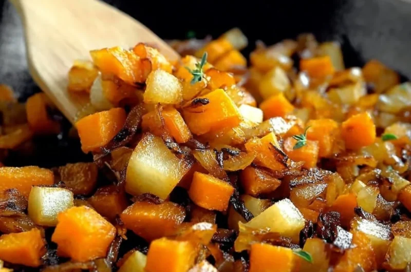 Caramelized sweet potato apple hash browns served on a cozy breakfast table
