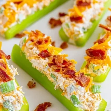 Cheddar bacon ranch stuffed celery sticks on a platter
