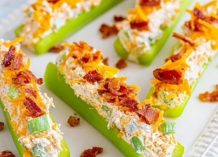 Cheddar bacon ranch stuffed celery sticks on a platter