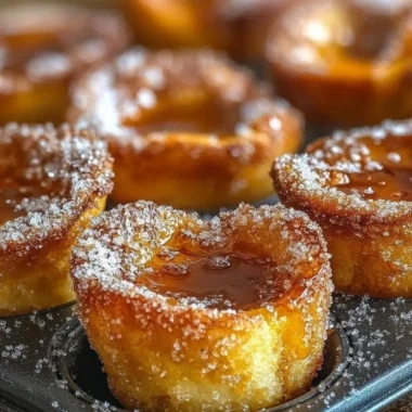 Cinnamon Sugar French Toast Muffins served on a plate, drizzled with syrup.