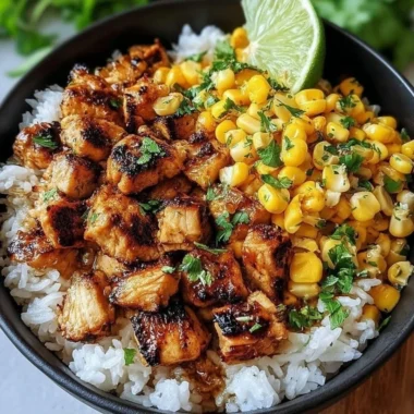 Colorful Chicken and Corn Rice Bowl with fresh ingredients and vibrant colors