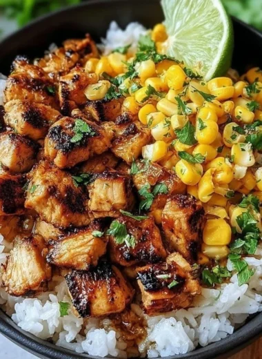 Colorful Chicken and Corn Rice Bowl with fresh ingredients and vibrant colors