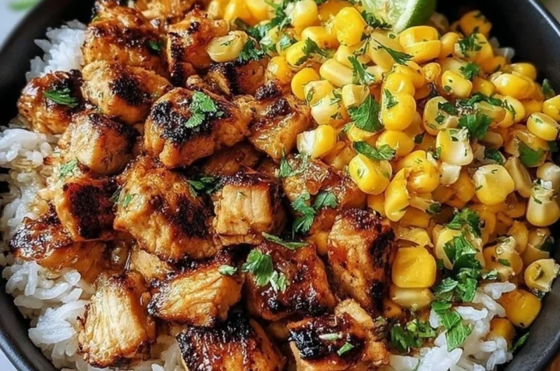 Colorful Chicken and Corn Rice Bowl with fresh ingredients and vibrant colors