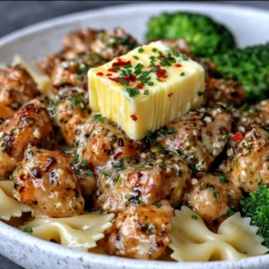 Cowboy Butter Lemon Bowtie Chicken served with steamed broccoli for a delicious meal