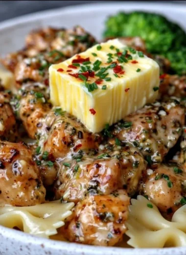 Cowboy Butter Lemon Bowtie Chicken served with steamed broccoli for a delicious meal
