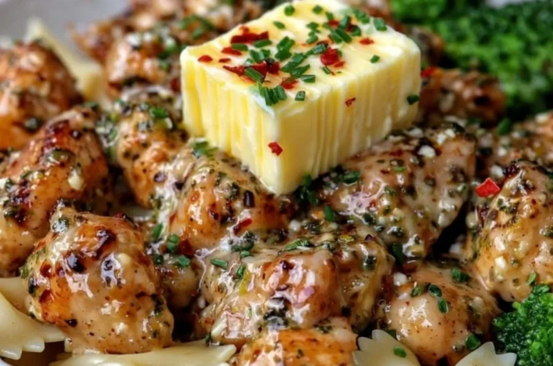 Cowboy Butter Lemon Bowtie Chicken served with steamed broccoli for a delicious meal
