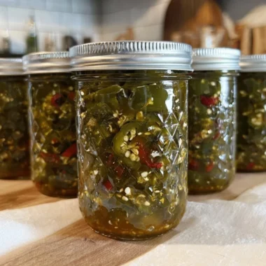 A jar of homemade Cowboy Candy featuring jalapeños and syrup.