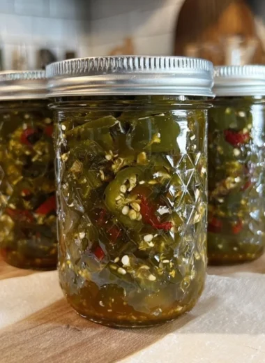 A jar of homemade Cowboy Candy featuring jalapeños and syrup.