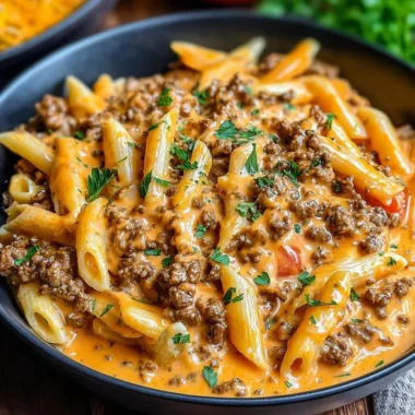 Creamy beef pasta dish served in a bowl garnished with parsley.