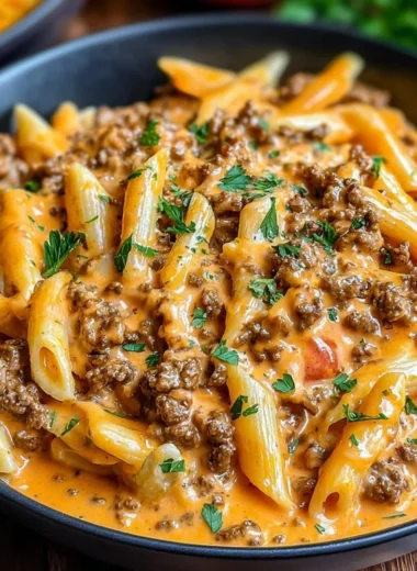 Creamy beef pasta dish served in a bowl garnished with parsley.