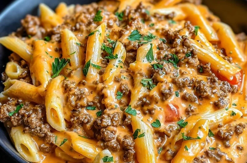 Creamy beef pasta dish served in a bowl garnished with parsley.