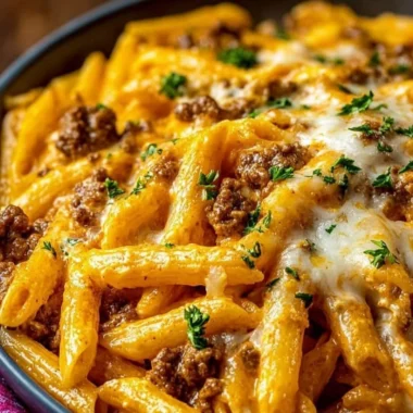 Creamy high protein beef pasta recipe with rich sauce and tender beef