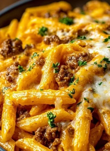Creamy high protein beef pasta recipe with rich sauce and tender beef