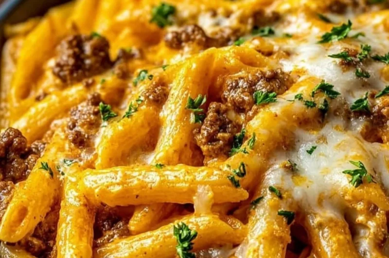 Creamy high protein beef pasta recipe with rich sauce and tender beef