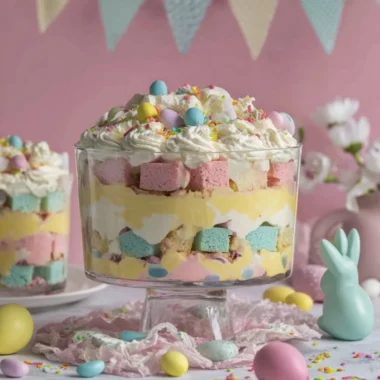 Colorful Easter Trifle dessert layered with cream and fruits