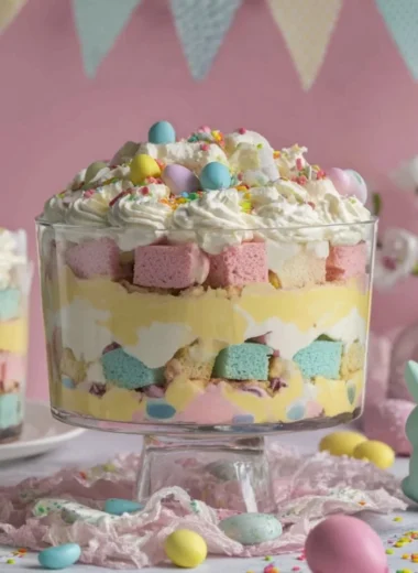 Colorful Easter Trifle dessert layered with cream and fruits