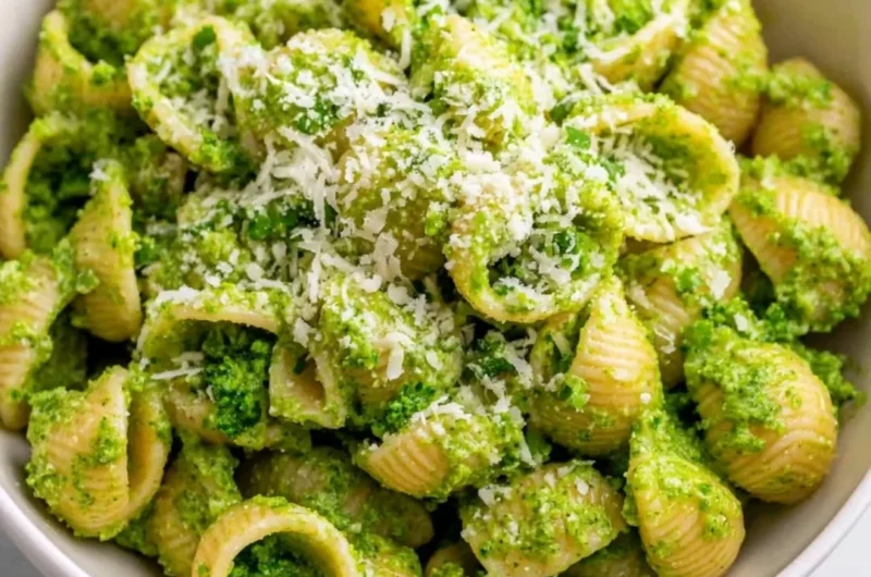 Plate of easy healthy broccoli pasta with garlic and parmesan cheese
