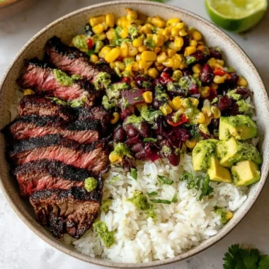 Delicious flank steak bowl with fresh vegetables and grains