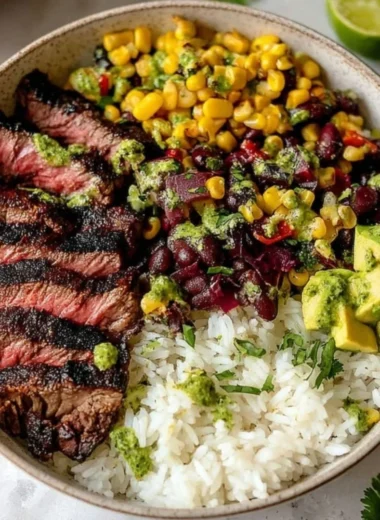 Delicious flank steak bowl with fresh vegetables and grains