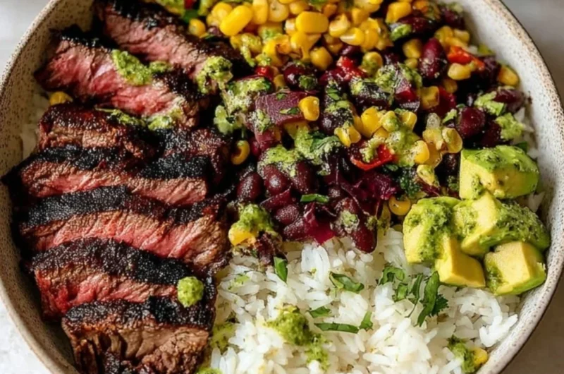 Delicious flank steak bowl with fresh vegetables and grains
