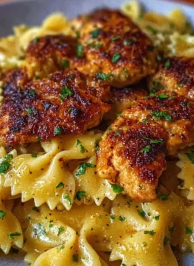 Garlic Butter Chicken served with Bowtie Pasta in a creamy sauce