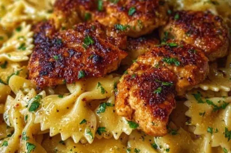 Garlic Butter Chicken served with Bowtie Pasta in a creamy sauce
