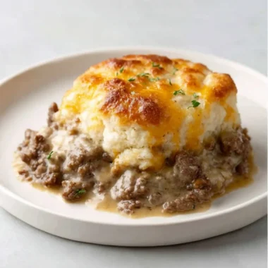 Ground Beef and Biscuit Bake with savory beef and flaky biscuits, a comfort food dish.