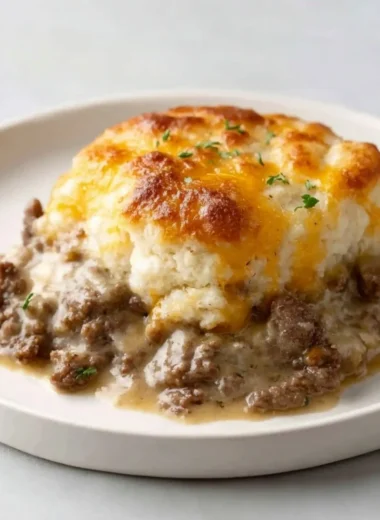 Ground Beef and Biscuit Bake with savory beef and flaky biscuits, a comfort food dish.