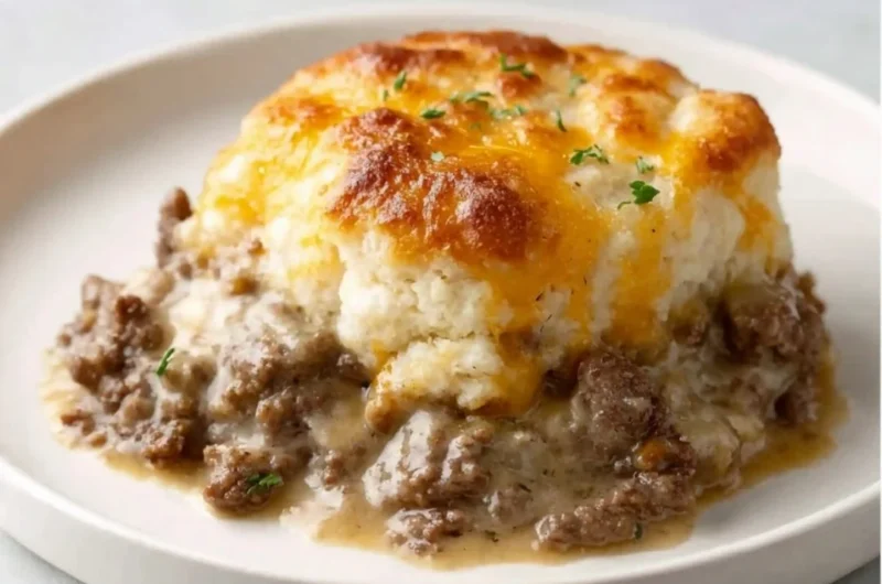 Ground Beef and Biscuit Bake with savory beef and flaky biscuits, a comfort food dish.