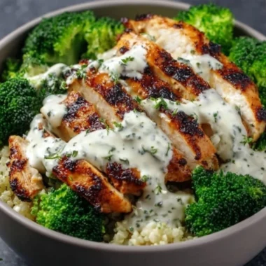 Healthy grilled chicken broccoli bowls with creamy garlic sauce