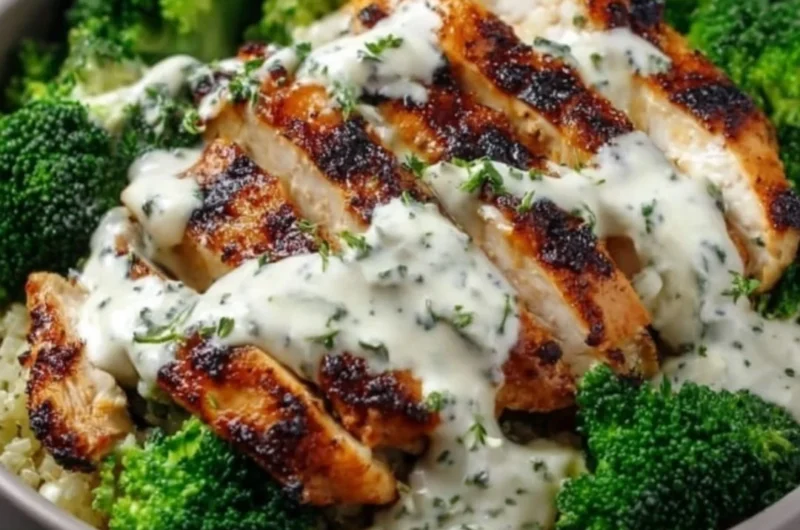 Healthy grilled chicken broccoli bowls with creamy garlic sauce