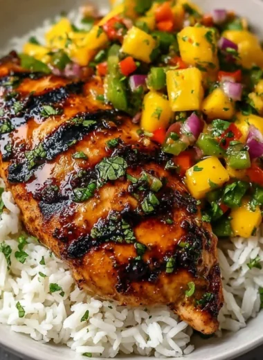 Grilled Honey Lime Chicken served with vibrant mango salsa on a plate.