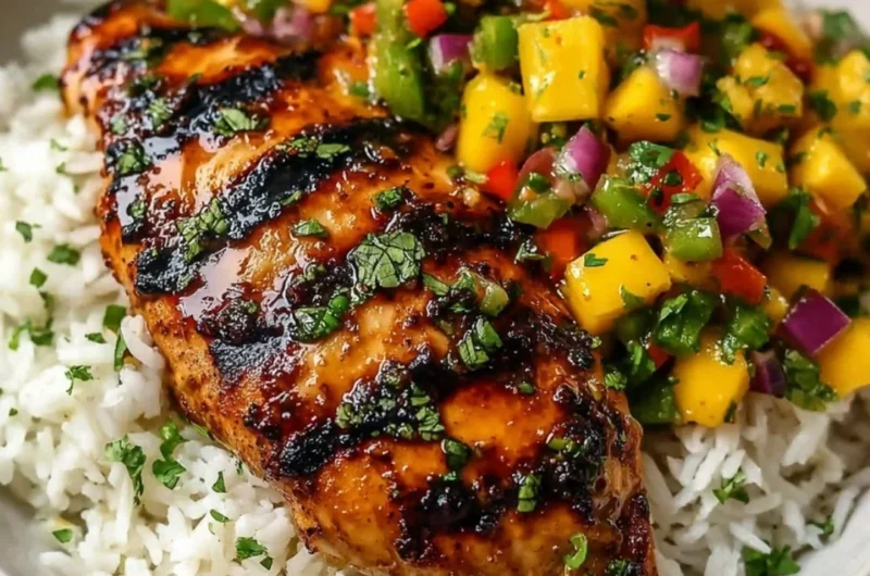 Grilled Honey Lime Chicken served with vibrant mango salsa on a plate.