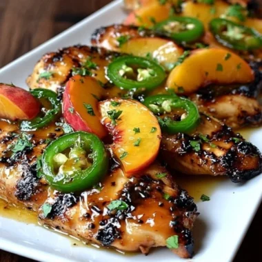 Delicious plates of jalapeno peach chicken garnished with fresh herbs