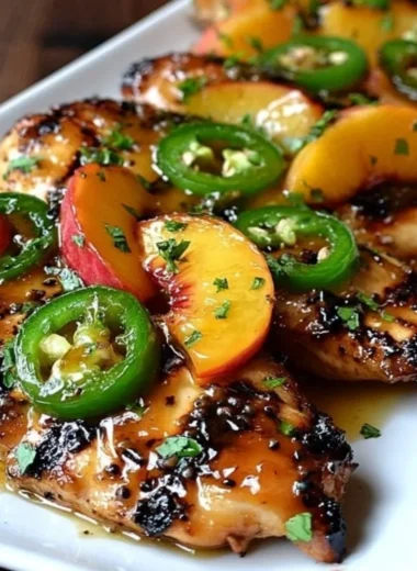 Delicious plates of jalapeno peach chicken garnished with fresh herbs