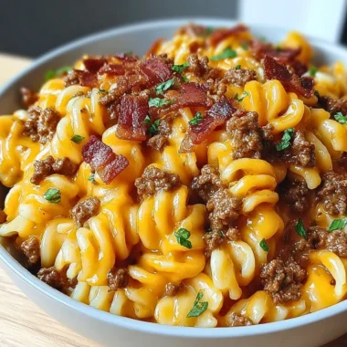 Bowl of loaded bacon cheeseburger pasta topped with cheese and bacon bits