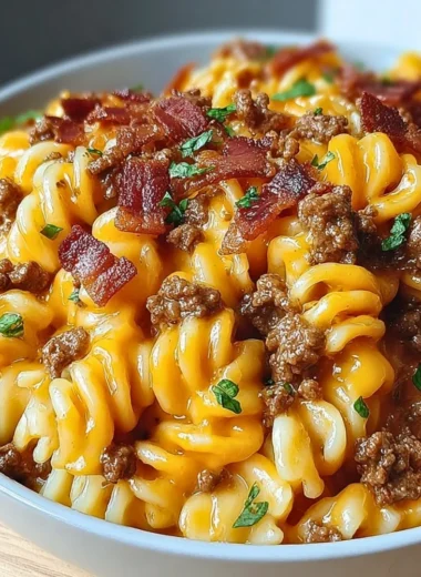 Bowl of loaded bacon cheeseburger pasta topped with cheese and bacon bits