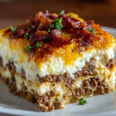 Low-Carb Bacon Cheeseburger Casserole topped with crispy bacon and melted cheese