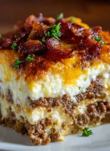 Low-Carb Bacon Cheeseburger Casserole topped with crispy bacon and melted cheese