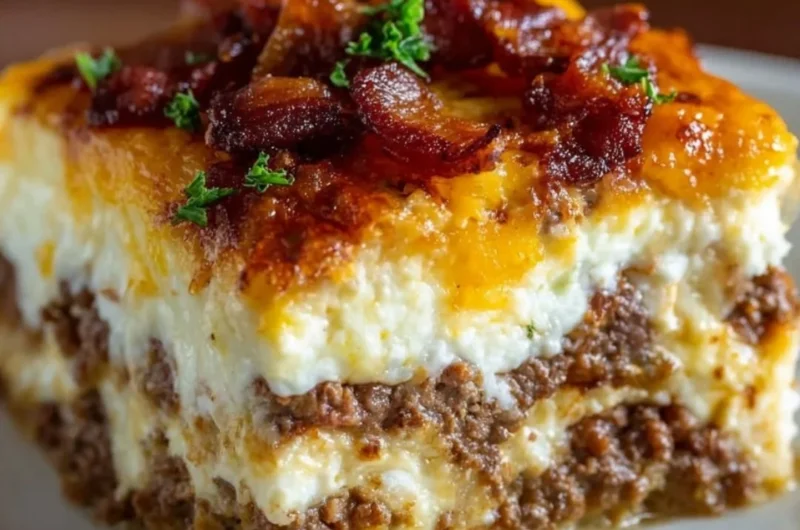 Low-Carb Bacon Cheeseburger Casserole topped with crispy bacon and melted cheese