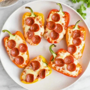 Pizza stuffed mini peppers served on a plate with fresh herbs.