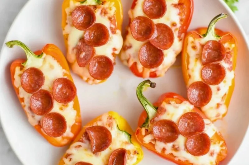 Pizza stuffed mini peppers served on a plate with fresh herbs.