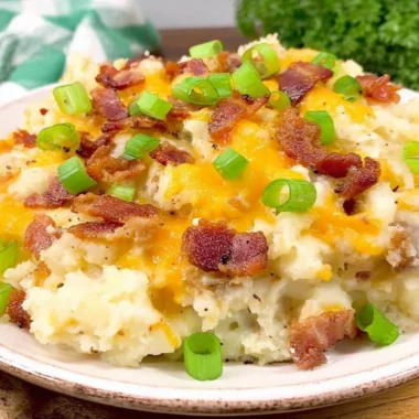 Twice Baked Potato Casserole topped with cheese and chives in a baking dish