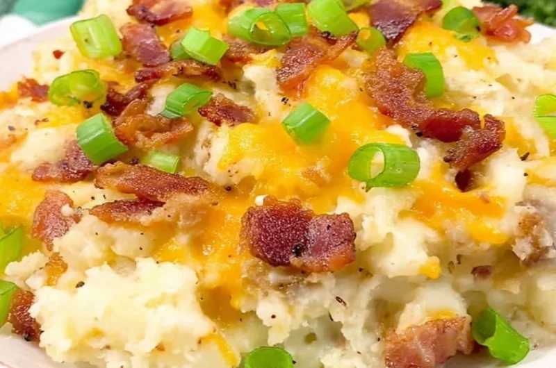 Twice Baked Potato Casserole topped with cheese and chives in a baking dish