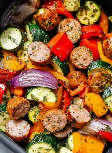 10 minute air fryer chicken sausage and veggies cooked to perfection