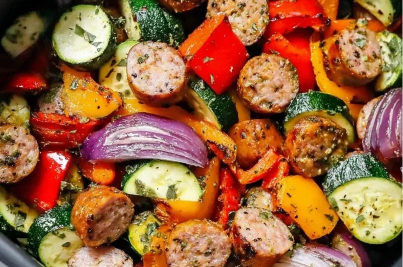 10 minute air fryer chicken sausage and veggies cooked to perfection