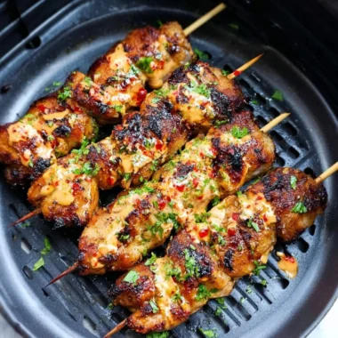 Delicious Air Fryer Bang Bang Chicken Skewers served with dipping sauce