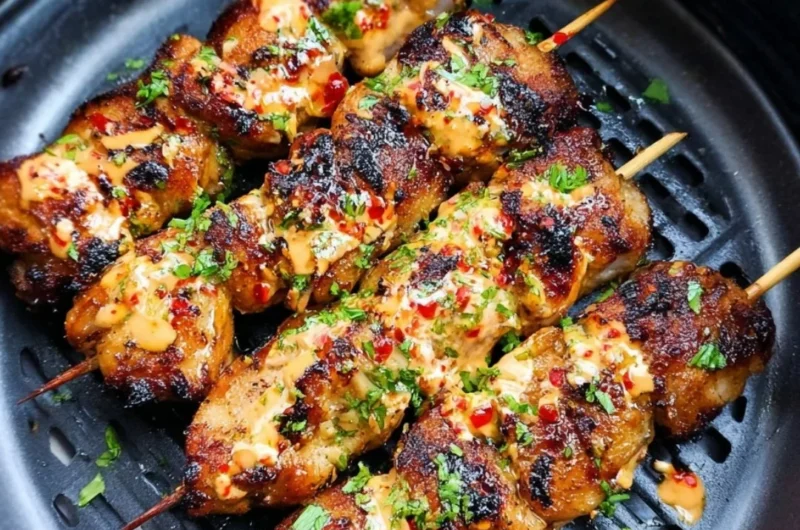 Delicious Air Fryer Bang Bang Chicken Skewers served with dipping sauce